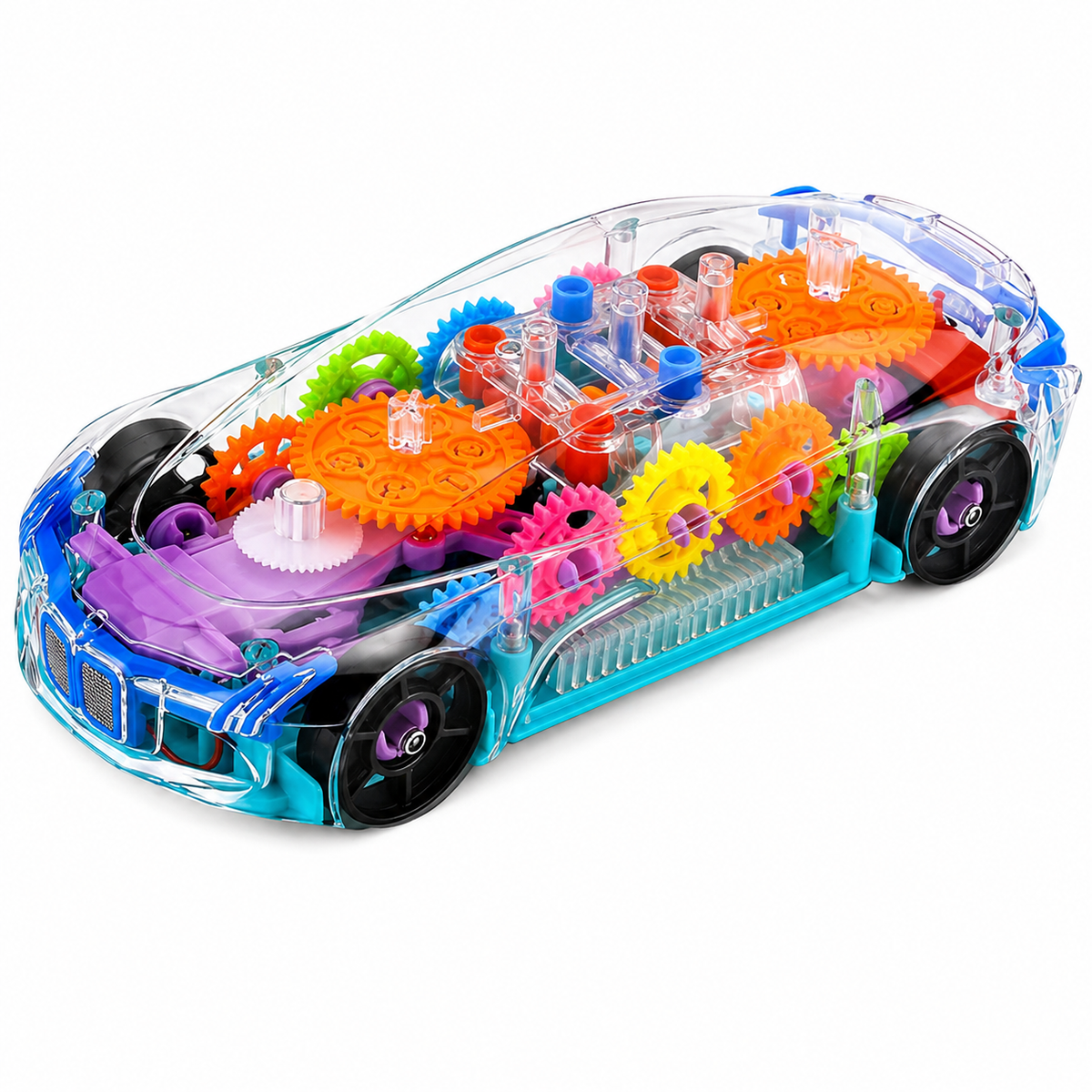 Goyal's Transparent Gear Vehicle Toy | 360° Rotating Multicolour Gear Toy with Lights & Music | Interactive 3D Concept Toy for Kids | Battery Operated