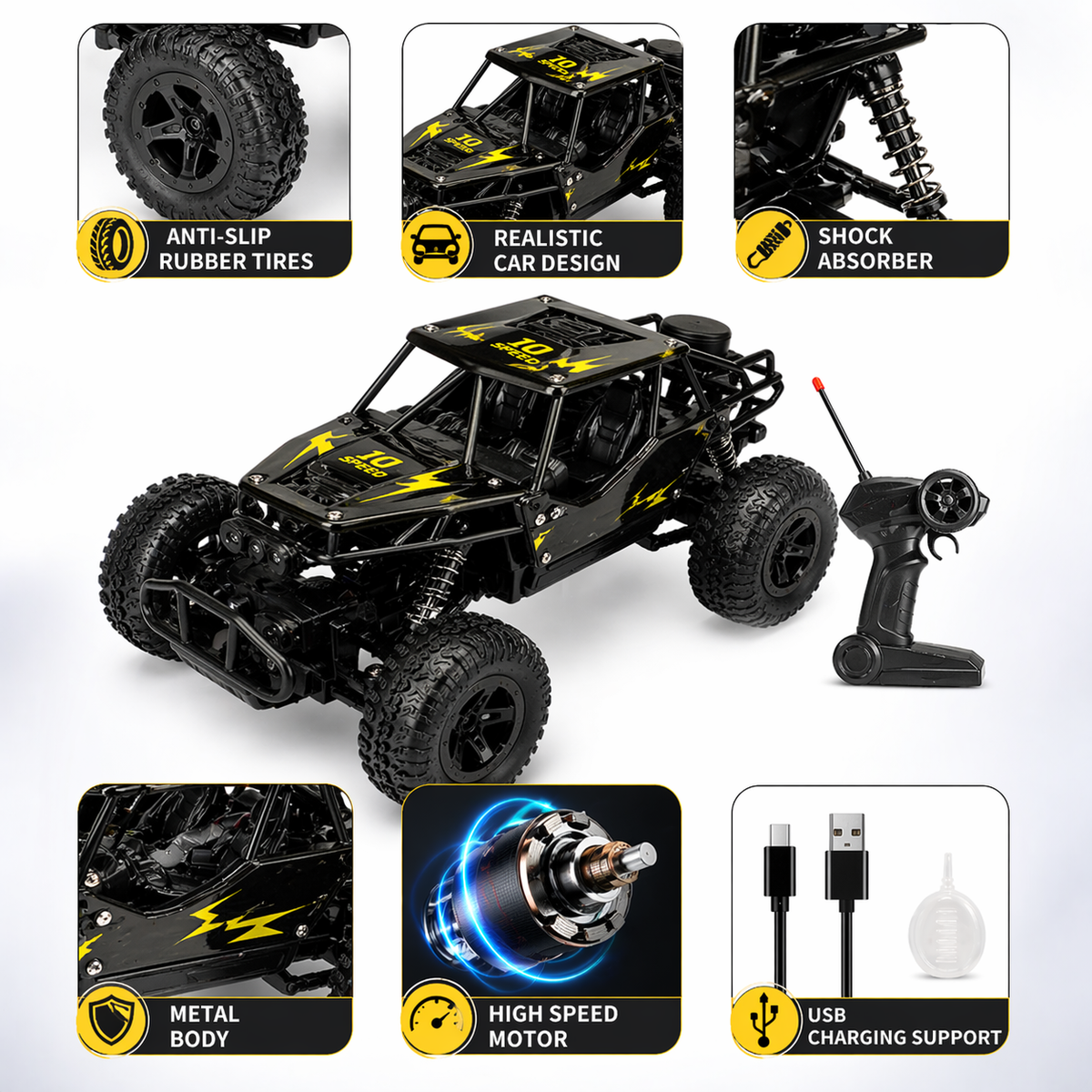 Goyal's 1:18 RC Monster Truck Rock Crawler | 2WD Remote Control Off-Road Car with 5 Functions, Brushed Motor & Rechargeable Battery | High-Speed Racing Toy for Kids | Ages 5–12