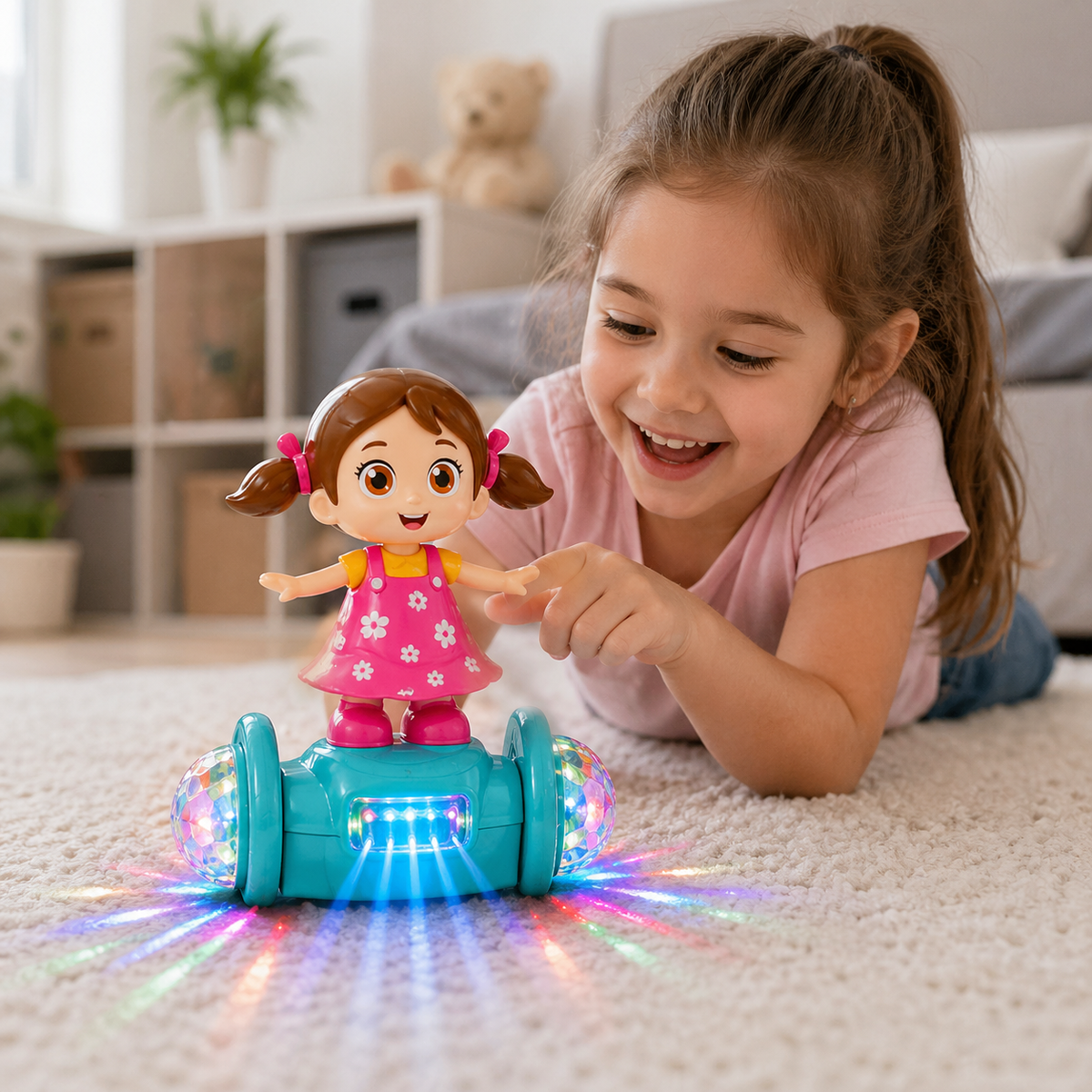 Goyal's 360° Rotating Dancing Girl Doll Toy | Musical Doll with Multicolour Flashing Lights & Bump and Go Action | Moving Activity Toy for Kids | Sit Girl