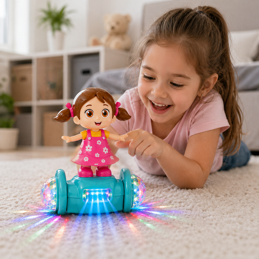 Goyal's 360° Rotating Dancing Girl Doll Toy | Musical Doll with Multicolour Flashing Lights & Bump and Go Action | Moving Activity Toy for Kids | Sit Girl