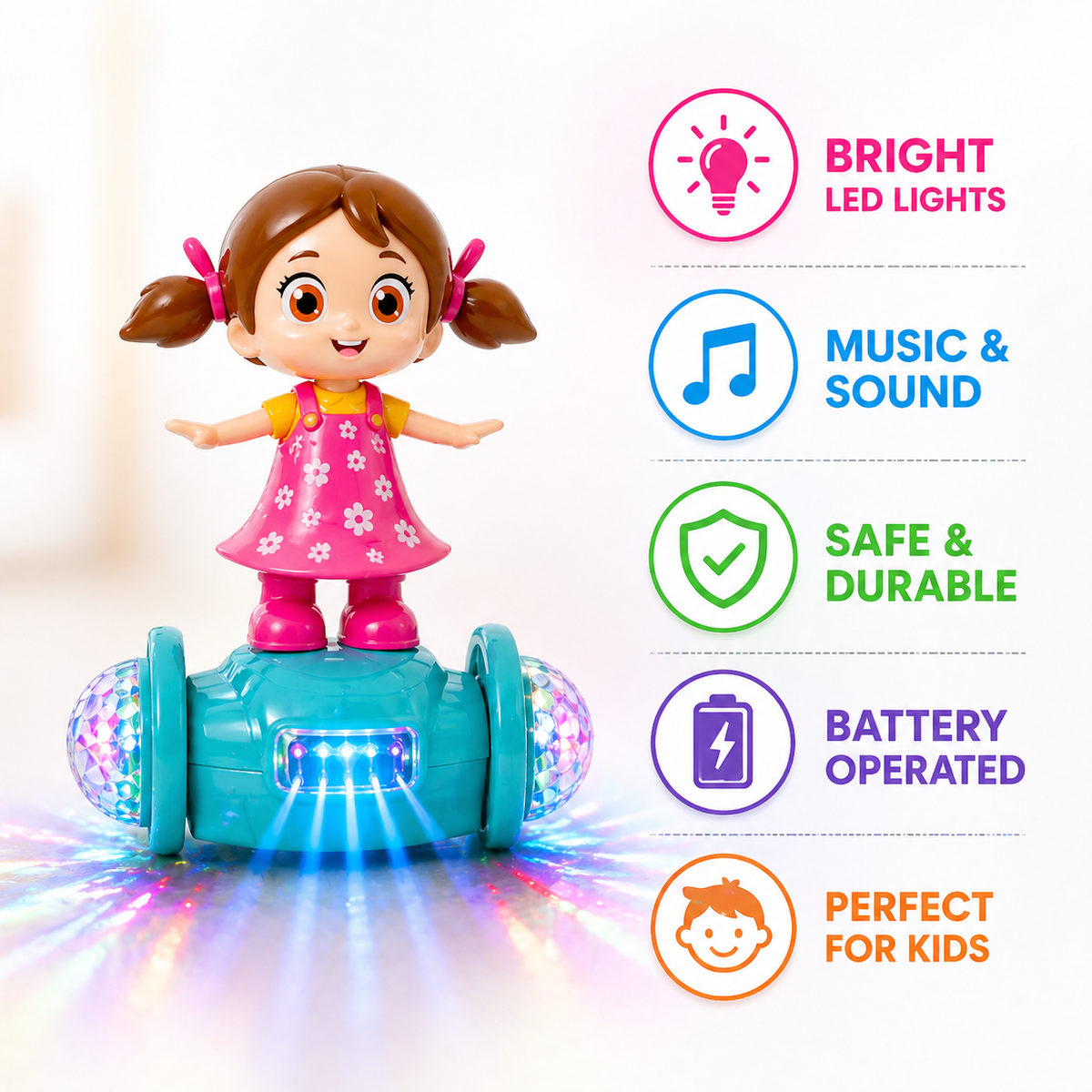 Goyal's 360° Rotating Dancing Girl Doll Toy | Musical Doll with Multicolour Flashing Lights & Bump and Go Action | Moving Activity Toy for Kids | Sit Girl