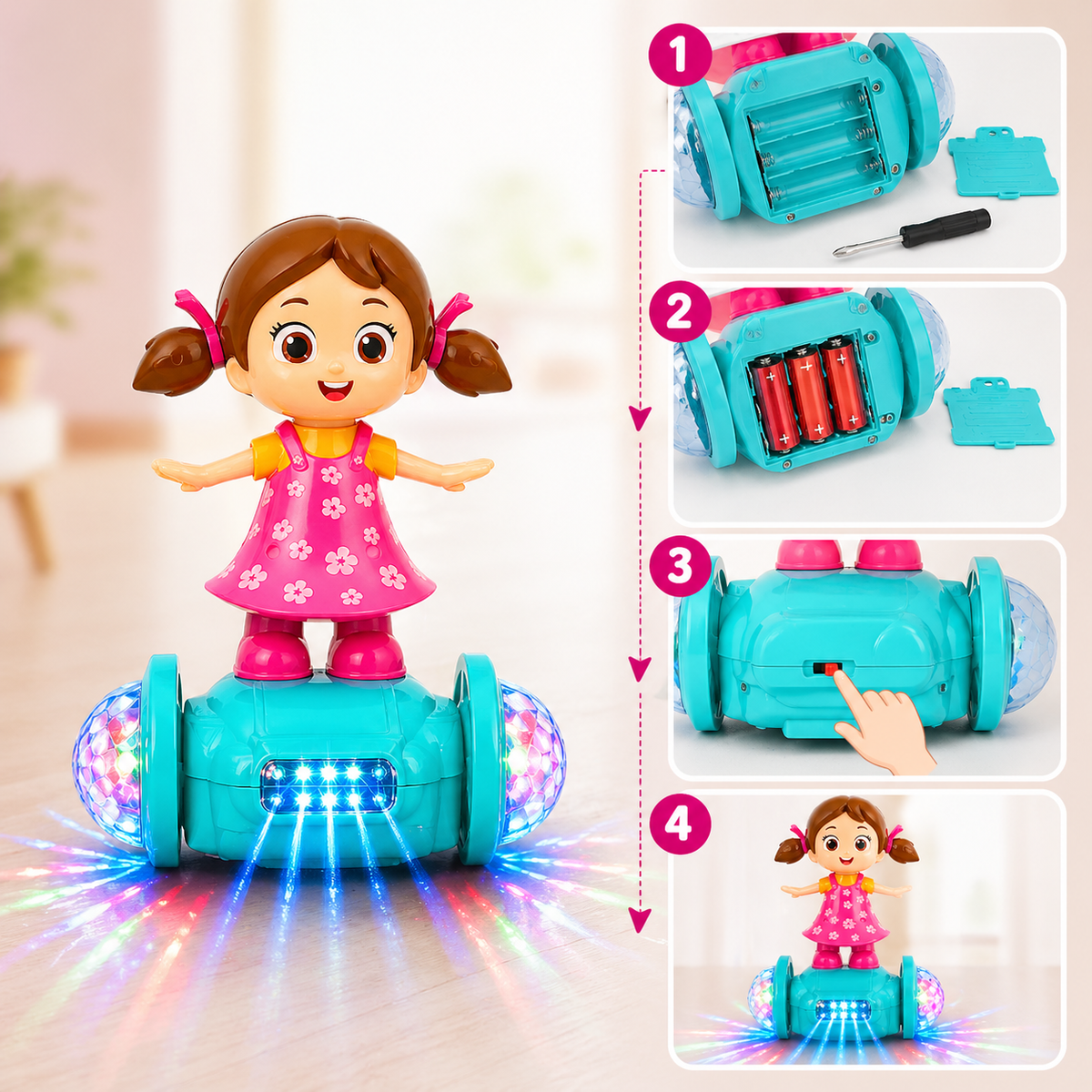 Goyal's 360° Rotating Dancing Girl Doll Toy | Musical Doll with Multicolour Flashing Lights & Bump and Go Action | Moving Activity Toy for Kids | Sit Girl