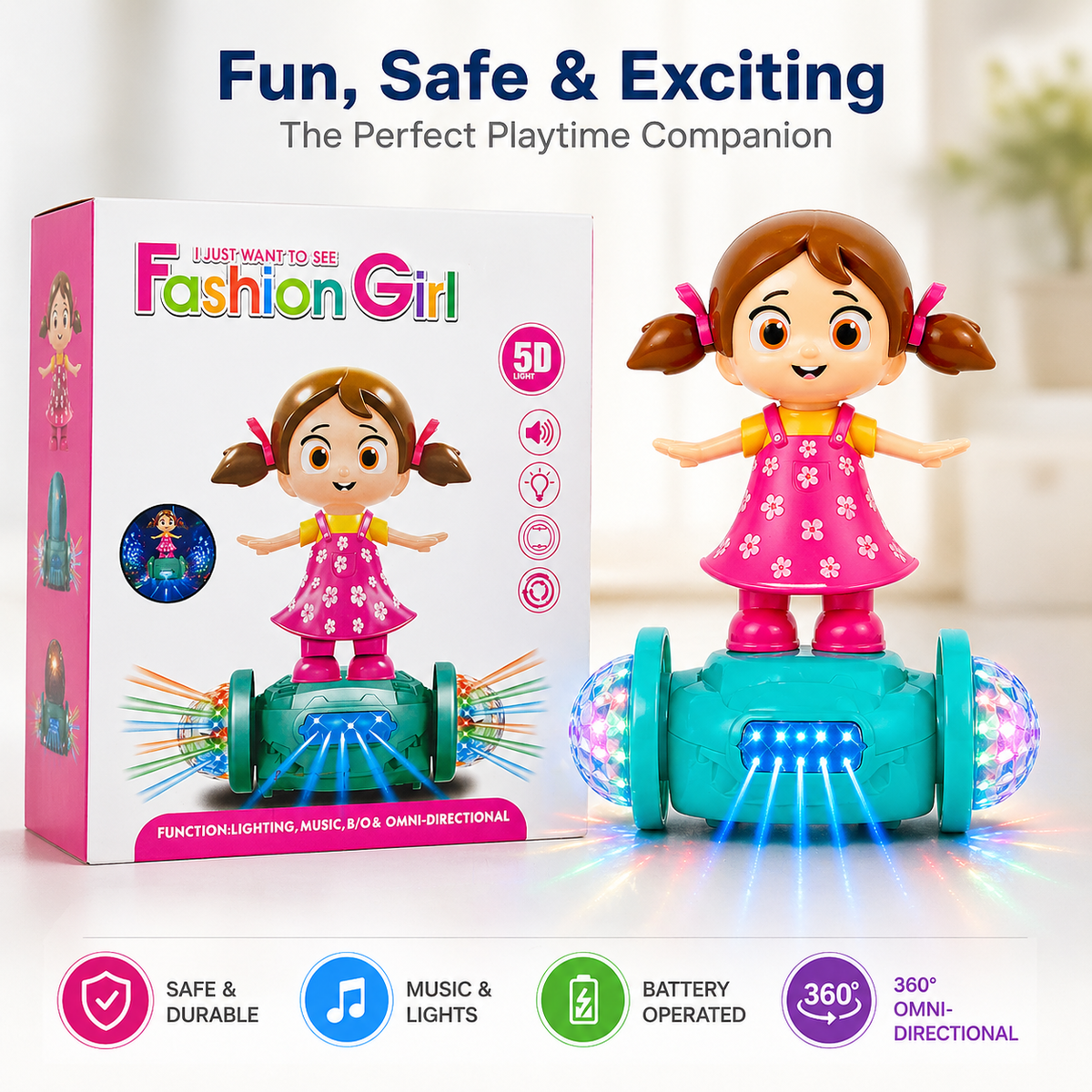 Goyal's 360° Rotating Dancing Girl Doll Toy | Musical Doll with Multicolour Flashing Lights & Bump and Go Action | Moving Activity Toy for Kids | Sit Girl