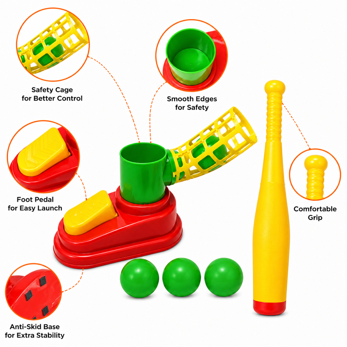 Goyal's Automatic Plastic Pitcher Power Shot Game | Batting & Ball Hitting Game with 1 Bat & 3 Balls | Interactive Baseball Practice Toy for Kids | Outdoor Sports Game
