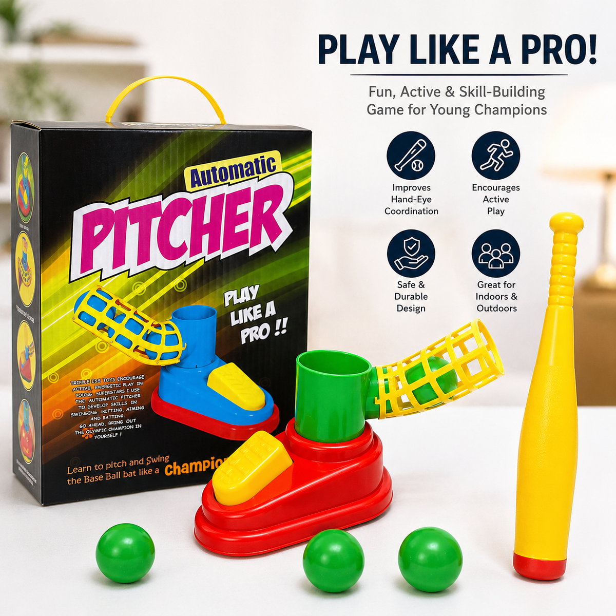 Goyal's Automatic Plastic Pitcher Power Shot Game | Batting & Ball Hitting Game with 1 Bat & 3 Balls | Interactive Baseball Practice Toy for Kids | Outdoor Sports Game