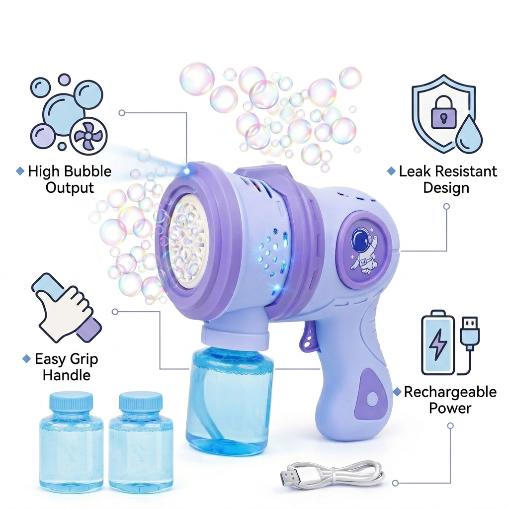 Goyal's Big Size Automatic Bubble Machine Gun for Kids | Bubble Blower with Leak-Resistant Design & 2 Bubble Solution Bottles | Battery Operated Outdoor Party Toy | Multicolour