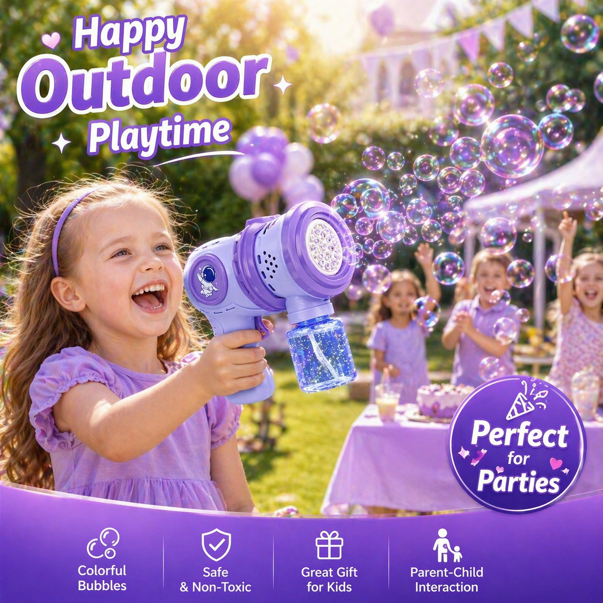 Goyal's Big Size Automatic Bubble Machine Gun for Kids | Bubble Blower with Leak-Resistant Design & 2 Bubble Solution Bottles | Battery Operated Outdoor Party Toy | Multicolour