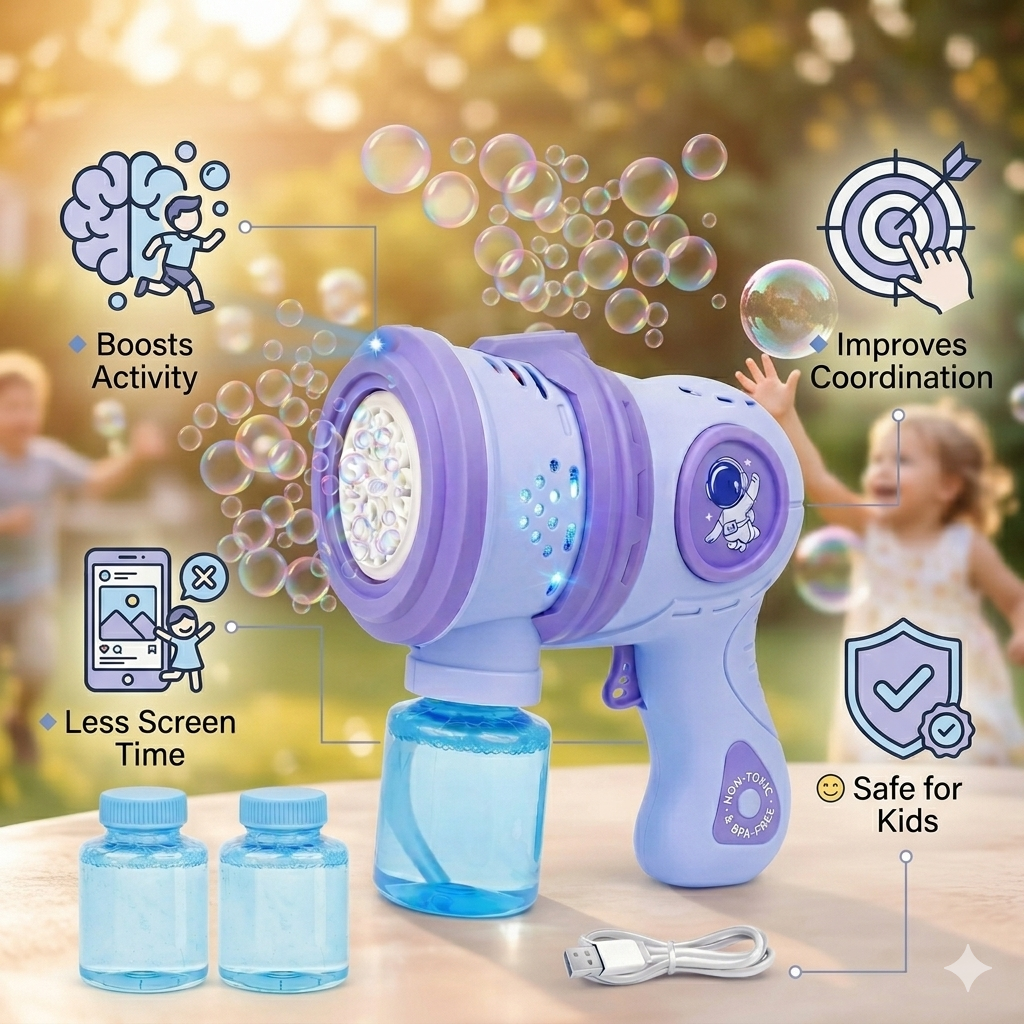 Goyal's Big Size Automatic Bubble Machine Gun for Kids | Bubble Blower with Leak-Resistant Design & 2 Bubble Solution Bottles | Battery Operated Outdoor Party Toy | Multicolour