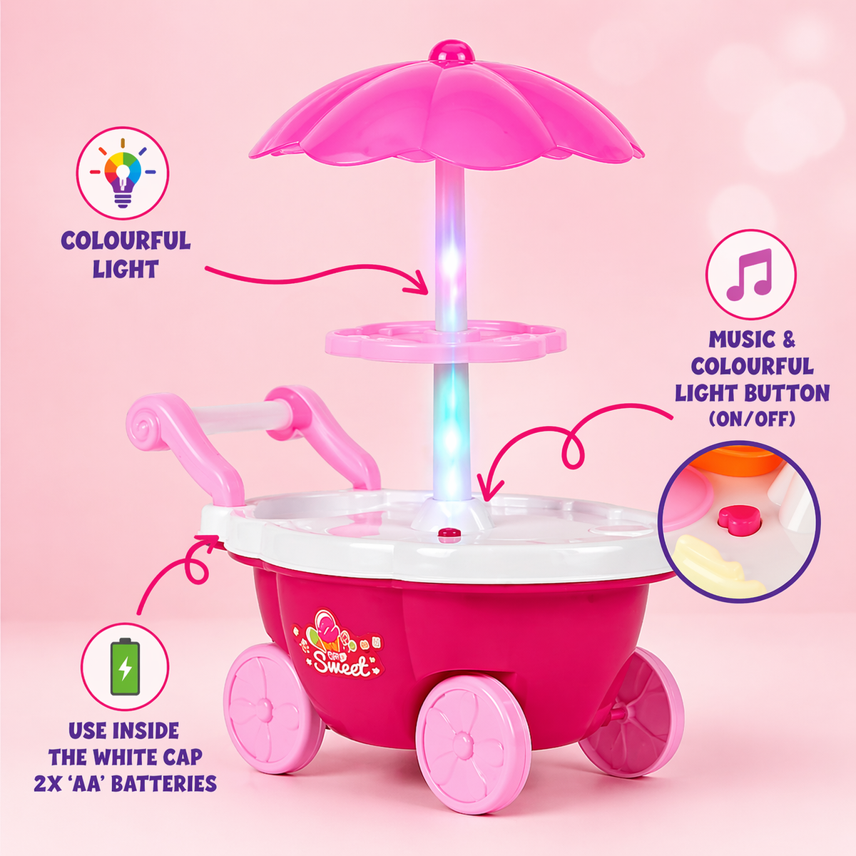 Goyal's Ice Cream Cart Pretend Play Set for Kids | Sweet Shop Trolley with Umbrella, Ice Cream Cones, Popsicles, Sweets & Play Money | Educational Role Play Toy for Boys & Girls | Ages 3+