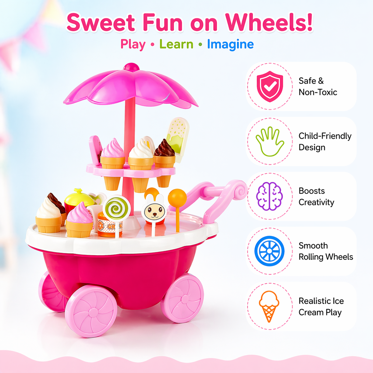 Goyal's Ice Cream Cart Pretend Play Set for Kids | Sweet Shop Trolley with Umbrella, Ice Cream Cones, Popsicles, Sweets & Play Money | Educational Role Play Toy for Boys & Girls | Ages 3+