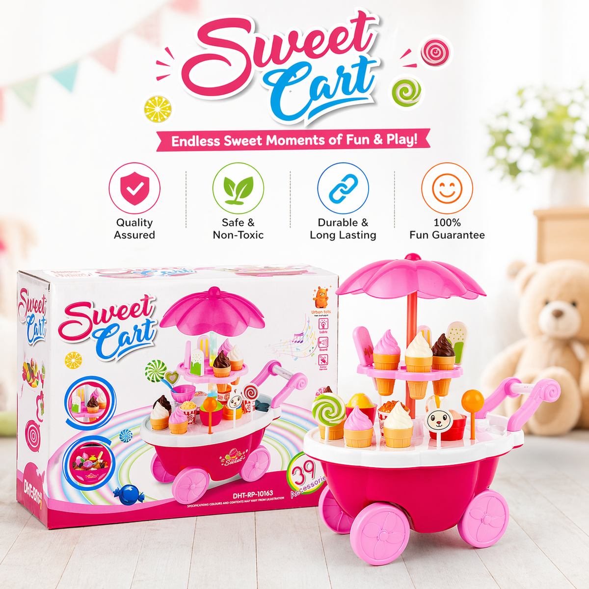 Goyal's Ice Cream Cart Pretend Play Set for Kids | Sweet Shop Trolley with Umbrella, Ice Cream Cones, Popsicles, Sweets & Play Money | Educational Role Play Toy for Boys & Girls | Ages 3+