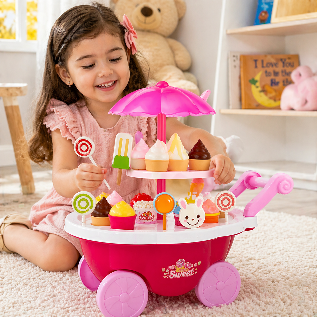 Goyal's Ice Cream Cart Pretend Play Set for Kids | Sweet Shop Trolley with Umbrella, Ice Cream Cones, Popsicles, Sweets & Play Money | Educational Role Play Toy for Boys & Girls | Ages 3+