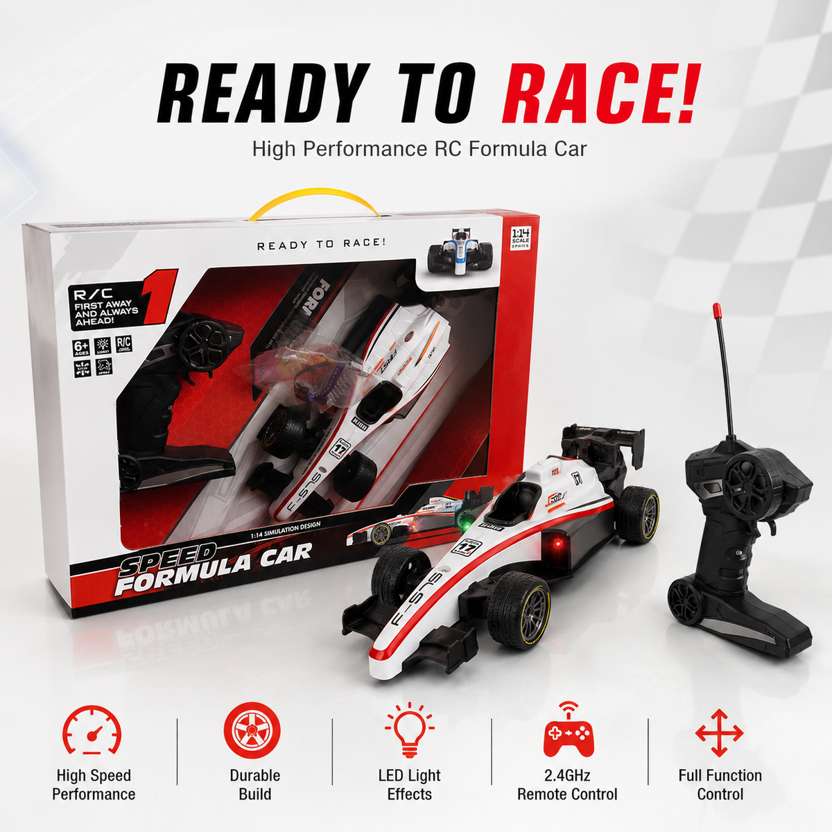 Goyal's 1:14 Scale F1 RC Racing Car | 2WD Remote Control Formula Car with Smoke Spray, Lights & Flame Effect | Rechargeable High-Speed Racing Toy for Kids & Adults