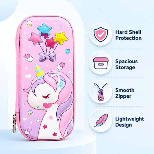 Goyal's 3D Unicorn EVA Hard Shell Pencil Case for Girls | Large Capacity Double Layer Pencil Box with Mesh Pocket & Pen Slots | Waterproof Durable Cute Stationery Organizer for Kids School Students