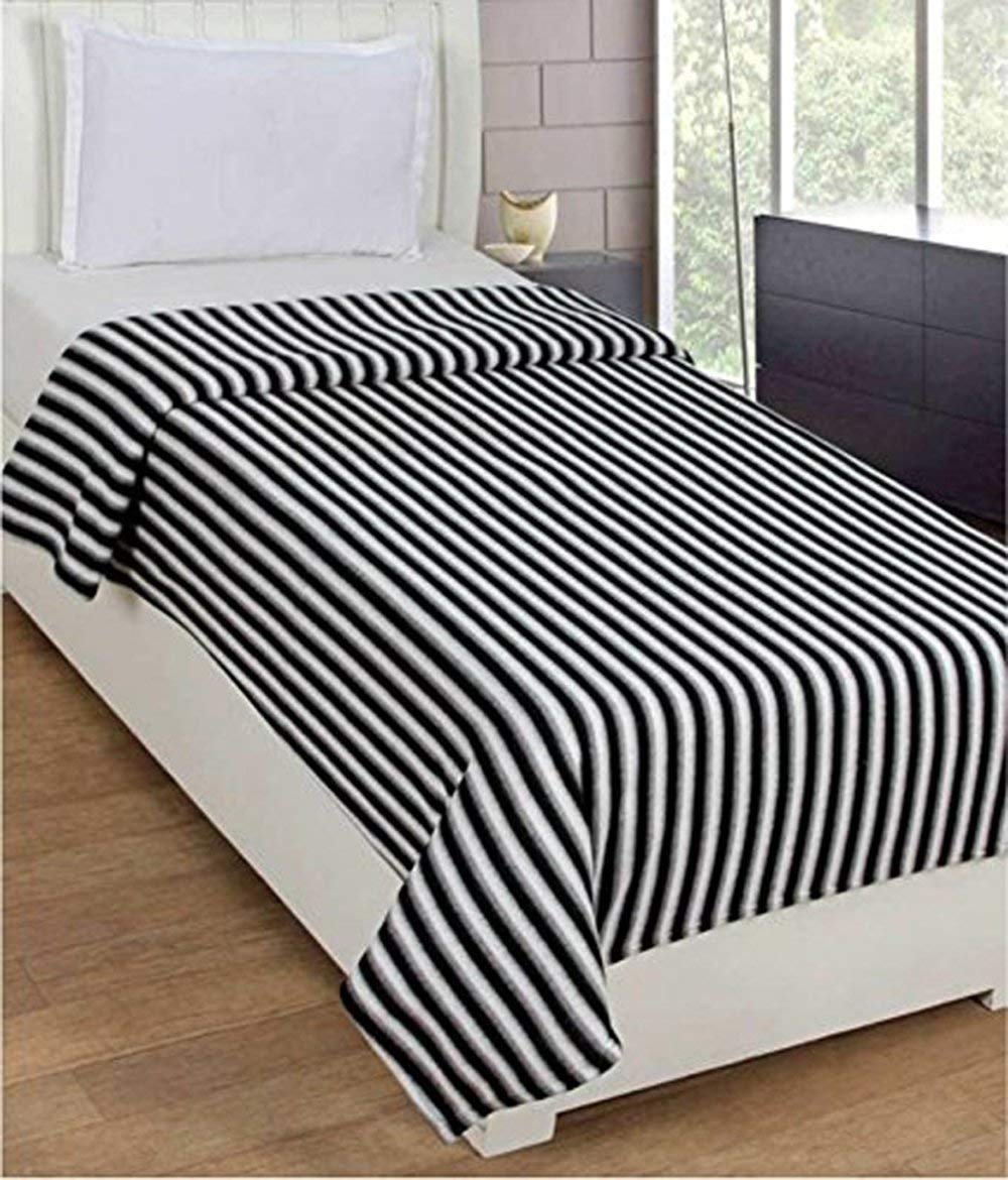 Goyal's Polar Fleece Single Bed Stripes Design AC Blanket Pack of 2 - (Black & White)