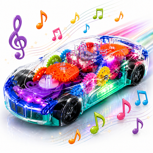 Goyal's Transparent Gear Vehicle Toy | 360° Rotating Multicolour Gear Toy with Lights & Music | Interactive 3D Concept Toy for Kids | Battery Operated