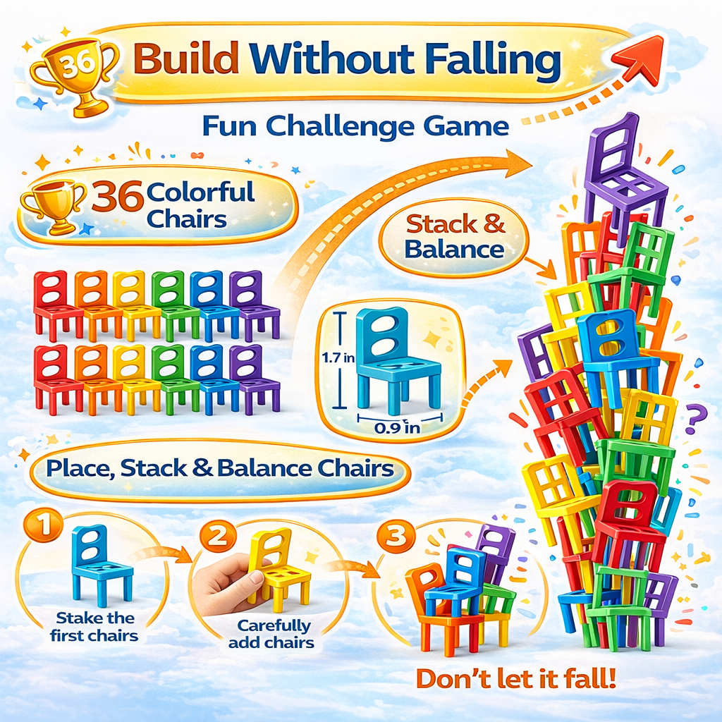 Goyal's Chair Tower Stacking Game | 36-Piece Balance & Building Game with 6 Colours & 10 Challenge Cards | Interactive STEM Skill Toy for Kids & Family | 2+ Players