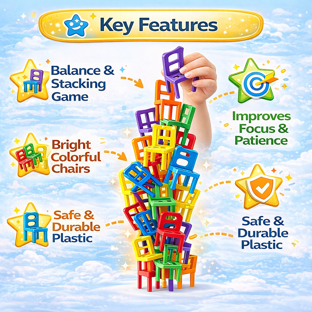 Goyal's Chair Tower Stacking Game | 36-Piece Balance & Building Game with 6 Colours & 10 Challenge Cards | Interactive STEM Skill Toy for Kids & Family | 2+ Players