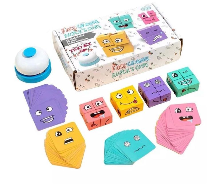 Goyal's Wooden Emoji Cube face Game with Bell for Kids | Cute Face Changing Cube with 16 Cube Parent-Child Board Games | Preschool Educational Learning Toy