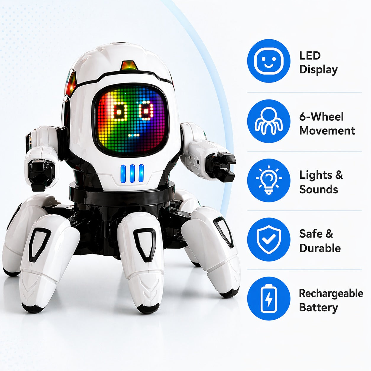 Goyal’s Dancing Six Claw Robot Toy with Music & LED Lights | Interactive Moving Robot for Kids | Musical Action Toy for Boys & Girls - White