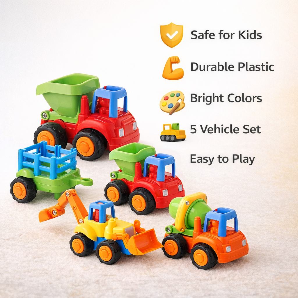Goyal's Unbreakable Friction Cars, Construction Vehicle Toys(Trolley, Tractor, Bull Dozer, Dump Truck, Cement Mixer) for Boy Girl Toddlers, Ideal Gift for Baby Kid, Infants- Set of 5 Pcs