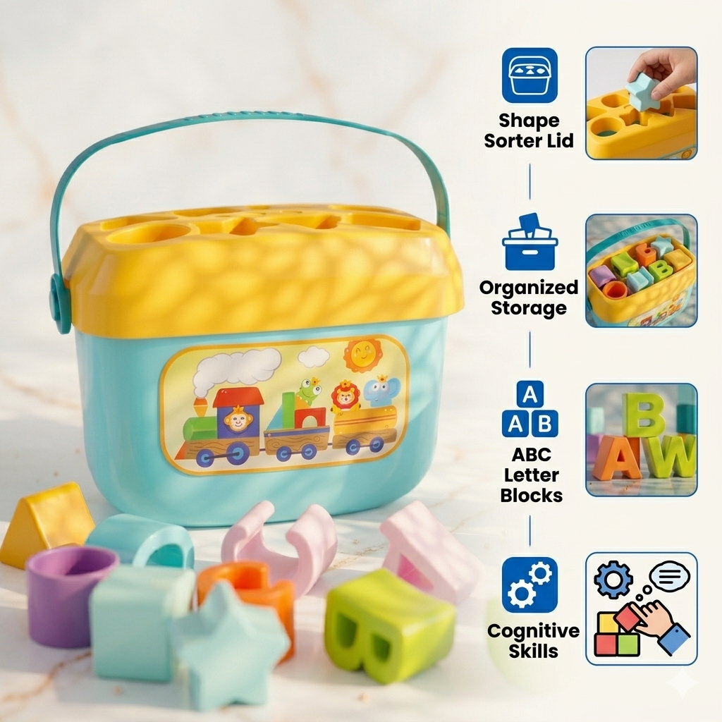 Goyal's Baby's First Shape Sorting Blocks | 16-Piece Colour & Shape Matching Activity Toy | Educational Building Blocks with Sorting Bucket & Carry Handle | Learning Toy for Toddlers | Multicolour