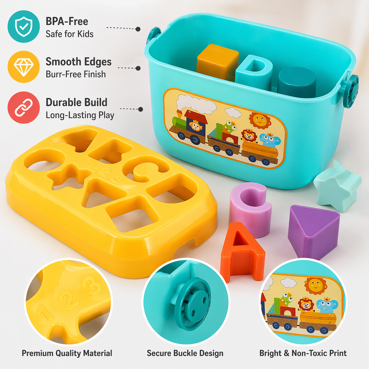 Goyal's Baby's First Shape Sorting Blocks | 16-Piece Colour & Shape Matching Activity Toy | Educational Building Blocks with Sorting Bucket & Carry Handle | Learning Toy for Toddlers | Multicolour