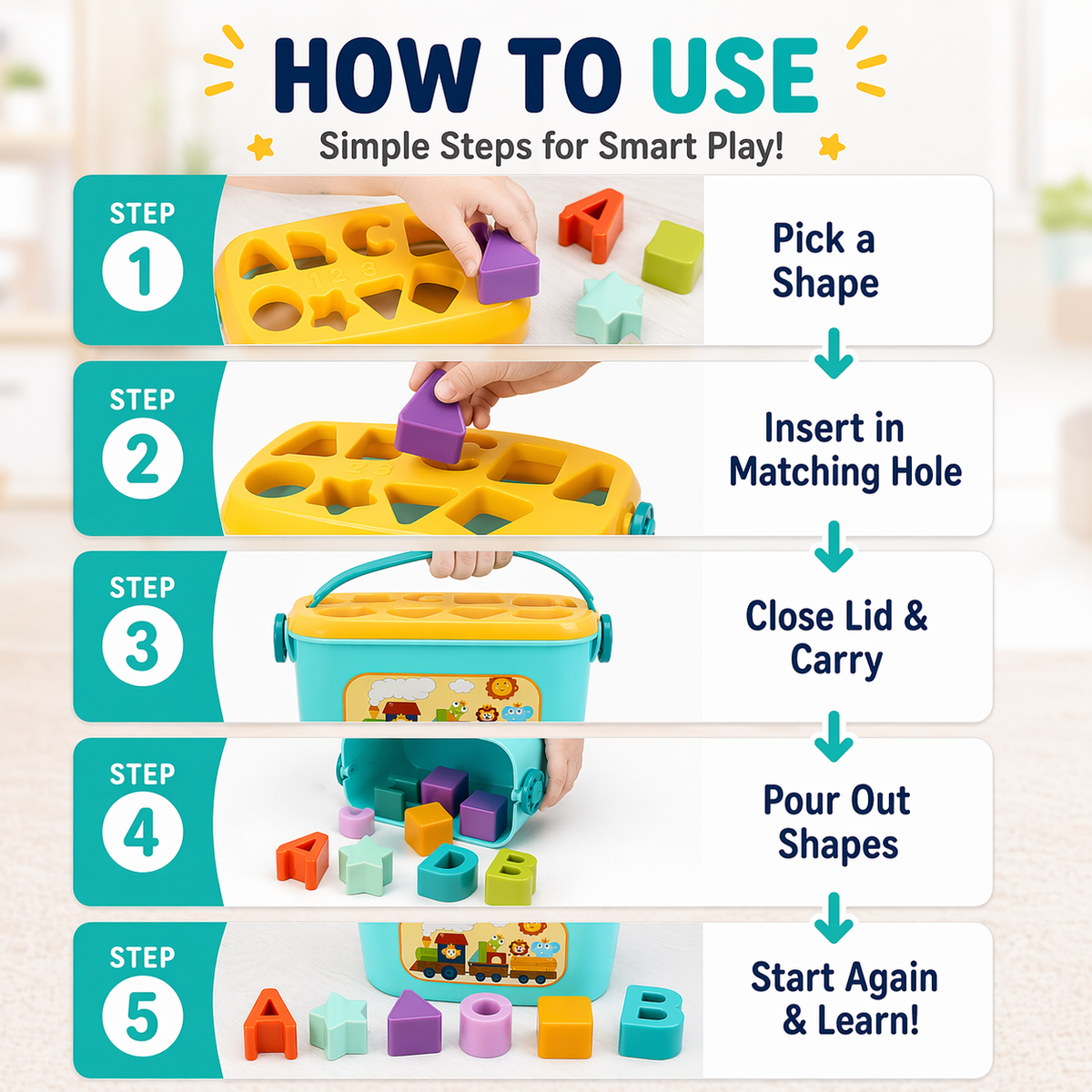Goyal's Baby's First Shape Sorting Blocks | 16-Piece Colour & Shape Matching Activity Toy | Educational Building Blocks with Sorting Bucket & Carry Handle | Learning Toy for Toddlers | Multicolour