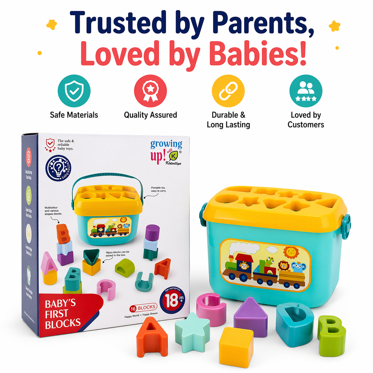Goyal's Baby's First Shape Sorting Blocks | 16-Piece Colour & Shape Matching Activity Toy | Educational Building Blocks with Sorting Bucket & Carry Handle | Learning Toy for Toddlers | Multicolour