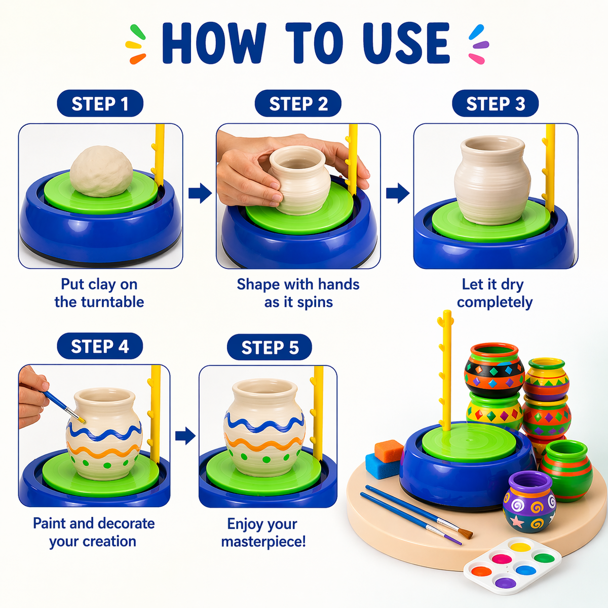 Goyal's Kids Pottery Wheel Kit | Battery Operated Pottery Making & Painting Set with 800g Clay, Sculpting Tools, Acrylic Paints & Brushes | DIY Art & Craft Kit for Beginners