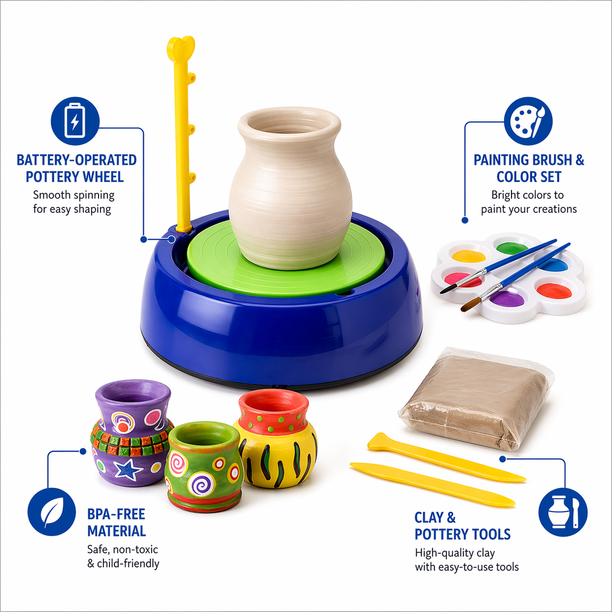 Goyal's Kids Pottery Wheel Kit | Battery Operated Pottery Making & Painting Set with 800g Clay, Sculpting Tools, Acrylic Paints & Brushes | DIY Art & Craft Kit for Beginners
