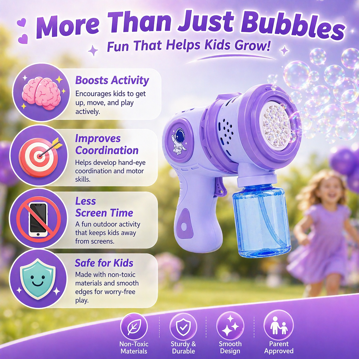 Goyal's Big Size Automatic Bubble Machine Gun for Kids | Bubble Blower with Leak-Resistant Design & 2 Bubble Solution Bottles | Battery Operated Outdoor Party Toy | Multicolour