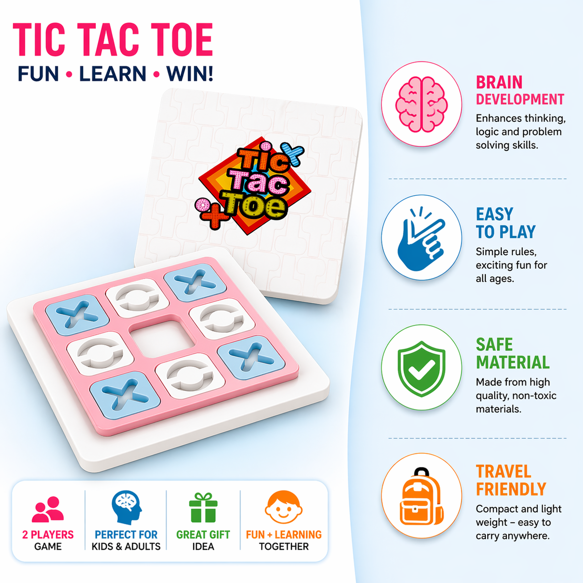 Goyal's Tic Tac Toe Game for Kids | Portable Travel Board Game with X & O Pieces | Classic Strategy Game for Home, Road Trips & Family Play | Ages 3+