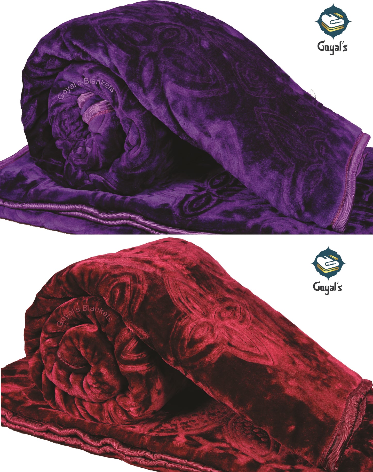 Goyal's Polyester Embossed Floral Printed 500TC Double Bed Mink Blanket 87 X 85 Inch Set of 2 - Purple and Maroon