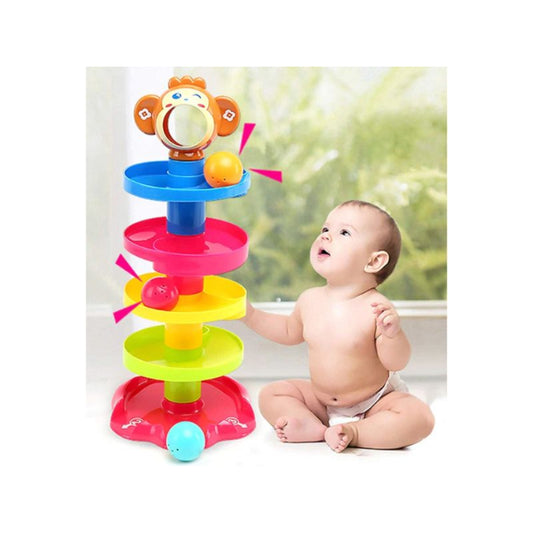 Goyal’s Monkey Roll Ball Drop Toy Multicolor for Babies & Toddlers, Heavy Plastic 5 Layer Tower Run with Swirling Ramps and 3 Rattle Balls, Best for Early Education & Development Toy (Pack of 1)