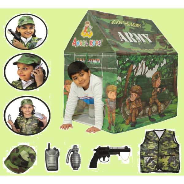 Goyal's Kids Army Foldable Play Tent House With Toy Gun, Toy Grenade, Walkie Talkie, Army Dress And Led Lights Inside ( Big Size )