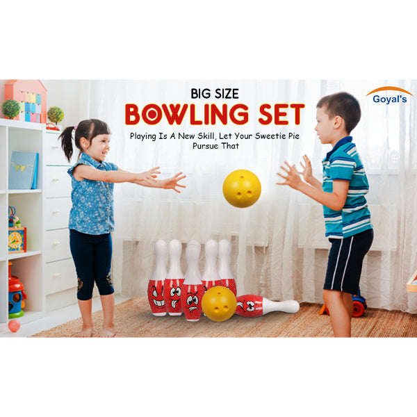 Goyal's Big Size Bowling Set with 6 Big Pins and 1 Easy Insert Finger Ball Toy for Kids in Carrying Bag