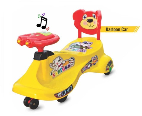 Goyal's Kartoon Face Musical Free Wheel Swing and Twist Magic Car With Back Support - Yellow