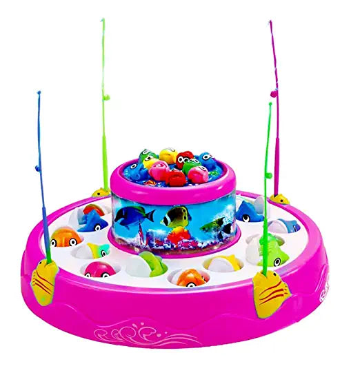 Goyal's Fishing Fish-Catching Game with 26 Piece Fishes, 2 Rotary Ponds and 4 Pods with Music and Light Function (Pink)