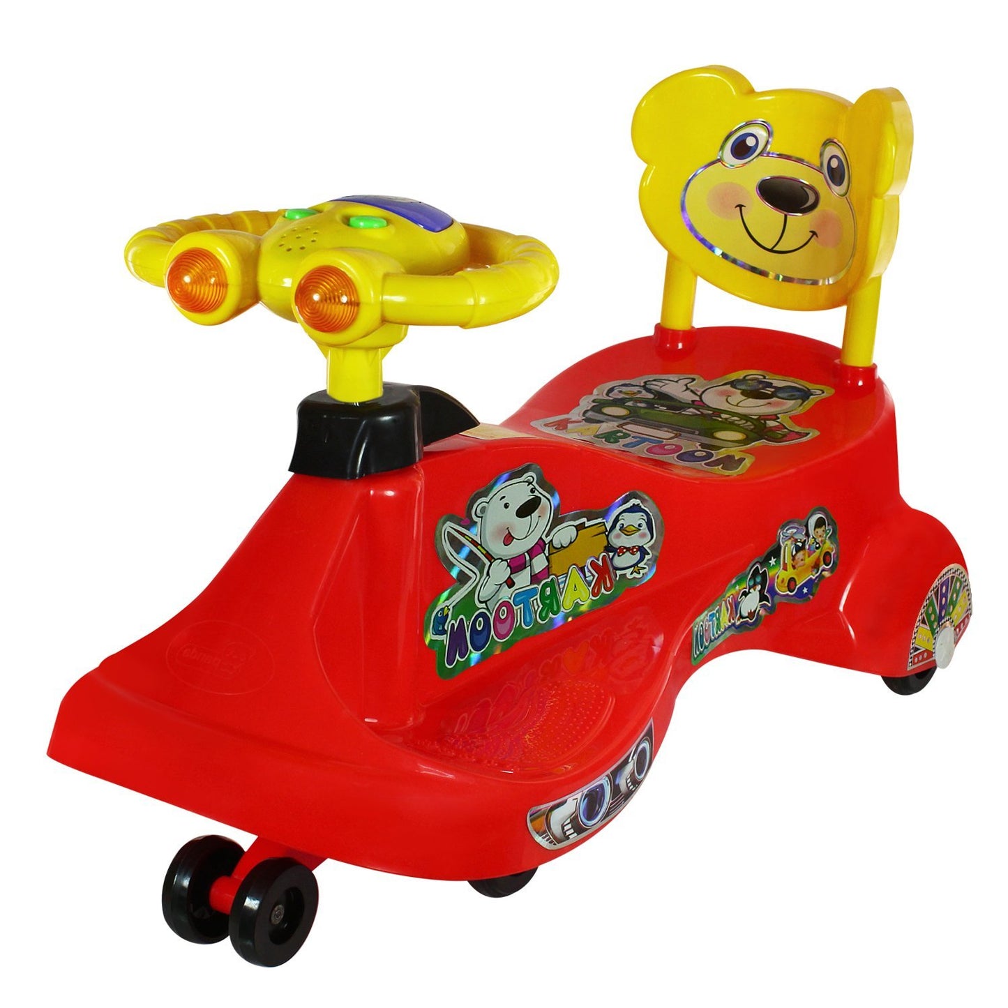 Goyal's Kartoon Face Musical Free Wheel Swing and Twist Magic Car With Back Support - Red