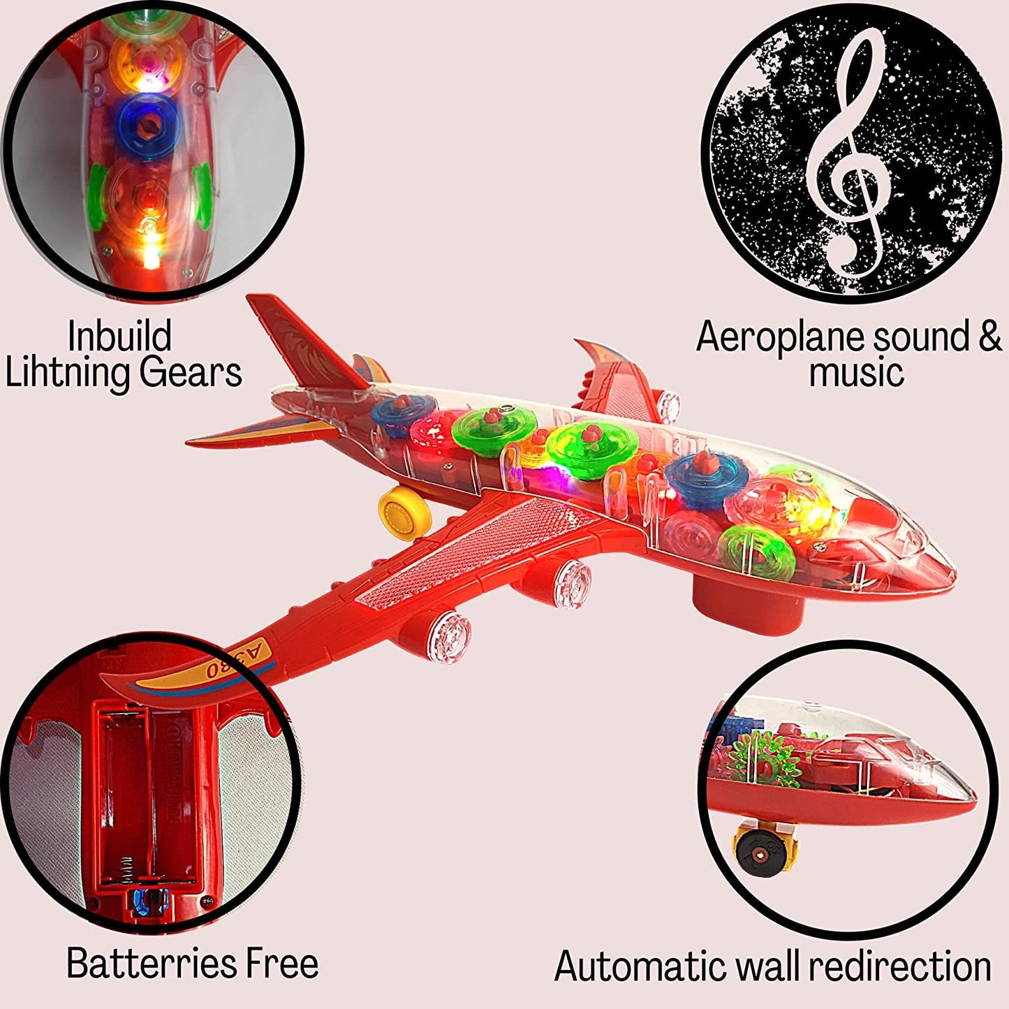 Goyal's Transparent Gear Airplane Wide Wings 3D Concept Toy - Moving Gear Simulation Technology Sound & Lights for Kids 1 Year & Above (Gear Airplane Large)