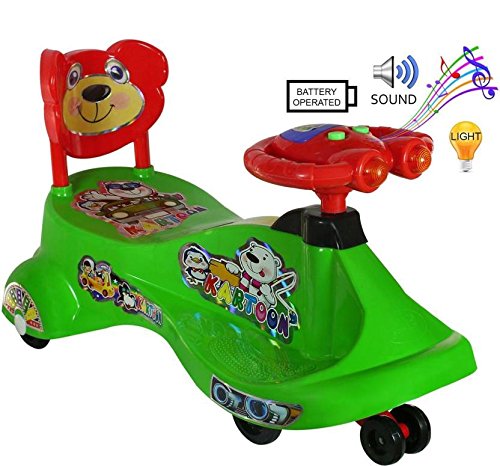 Goyal's Kartoon Face Musical Free Wheel Swing and Twist Magic Car With Back Support - Green