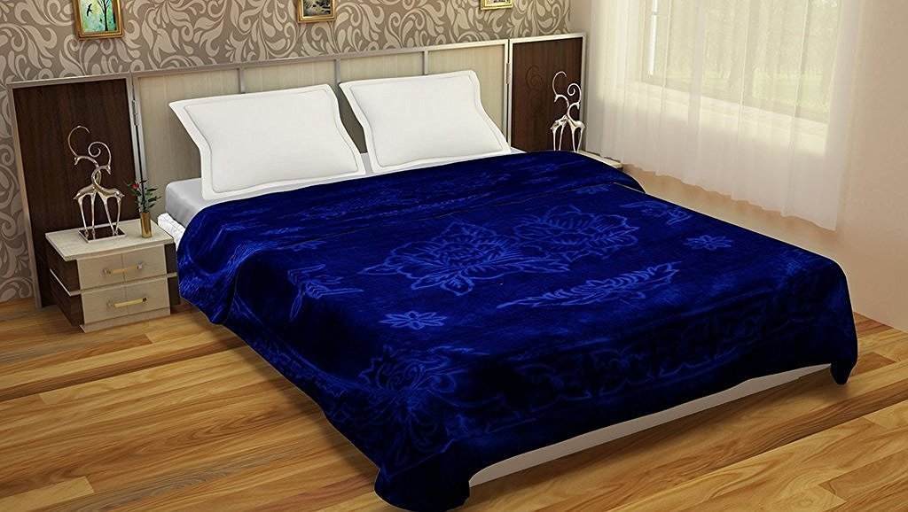 Goyal's Polyester Embossed Floral Printed 500TC Single Bed Mink Blanket 63 X 85 Inch - Blue, reversible