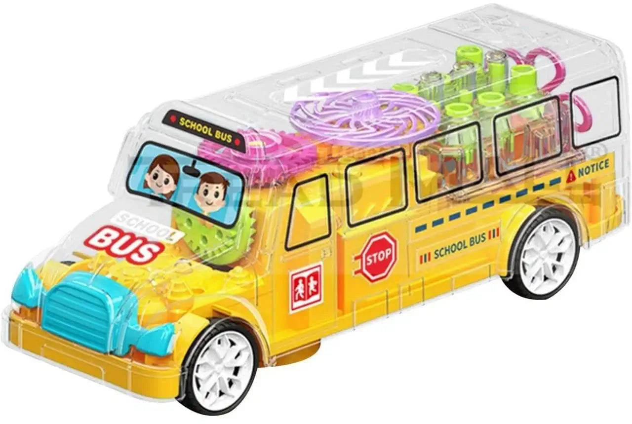 Goyal's Transparent Gear School Bus Concept Toys - 360° Rotating Vehicle, Moving Gear Simulation Technology Bus Sound and Colorful Lights for Kids 1 Year & Above (Gear School Bus)