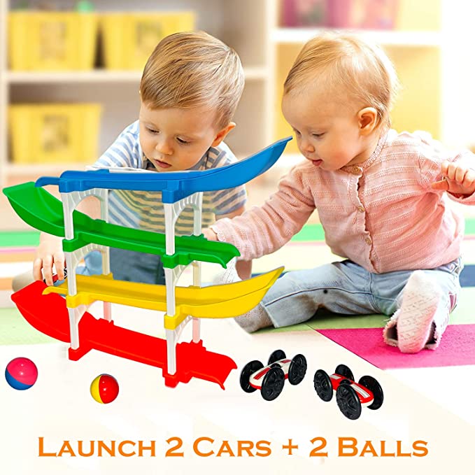 Goyal's Rolling & Flipping Race Car Ramp Toy for Toddler Vehicle Set with 2 Mini Racer Cars + 2 Rattle Balls Fine Motor Skill Montessori Building Learning Toys