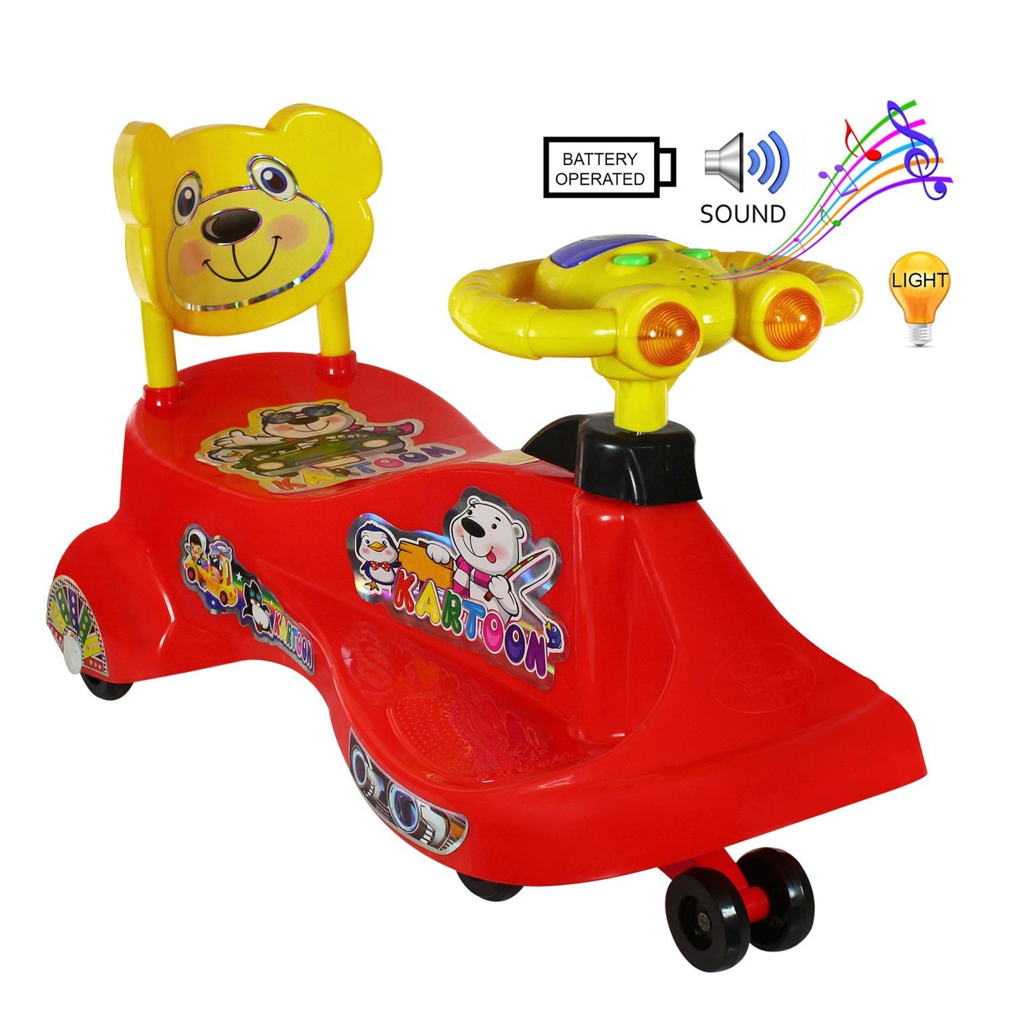 Goyal's Kartoon Face Musical Free Wheel Swing and Twist Magic Car With Back Support - Red