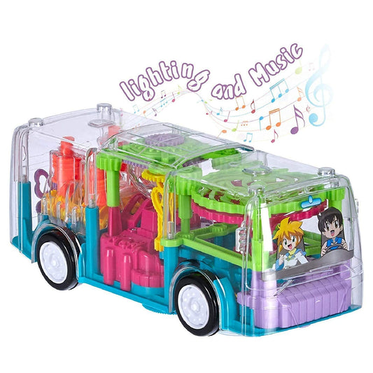 Goyal's Transparent Gear 3D Concept Bus Toys - 360° Rotating Vehicle, Moving Gear Simulation Technology Bus Sound and Colorful Lights for Kids 1 Year & Above