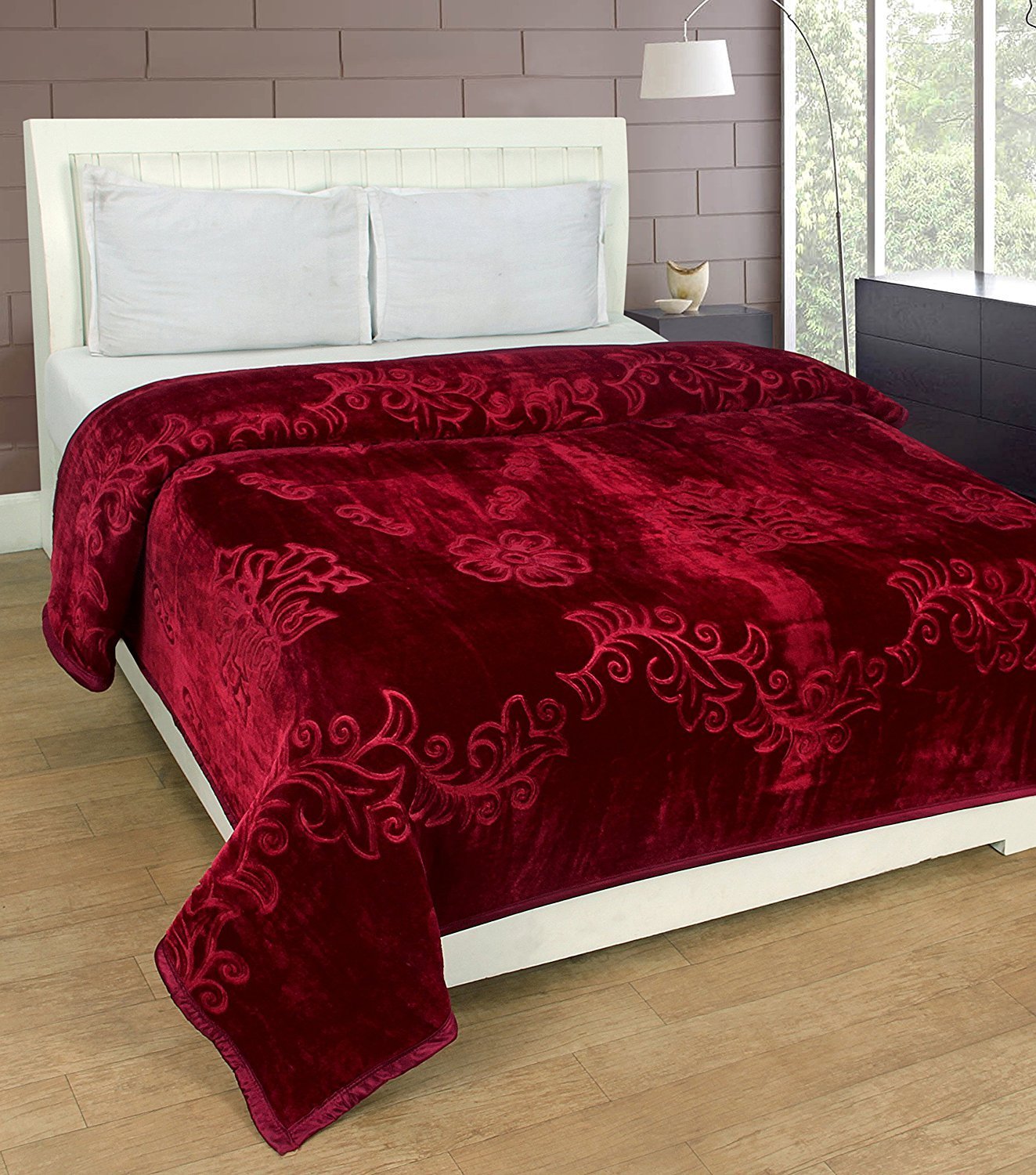 Goyal's Polyester Embossed Floral Printed 500TC Double Bed Mink Blanket 87 X 85 Inch Set of 2 - Purple and Maroon