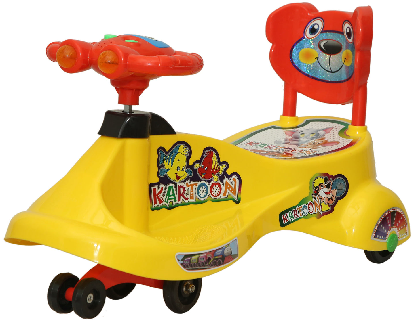 Goyal's Kartoon Face Musical Free Wheel Swing and Twist Magic Car With Back Support - Yellow