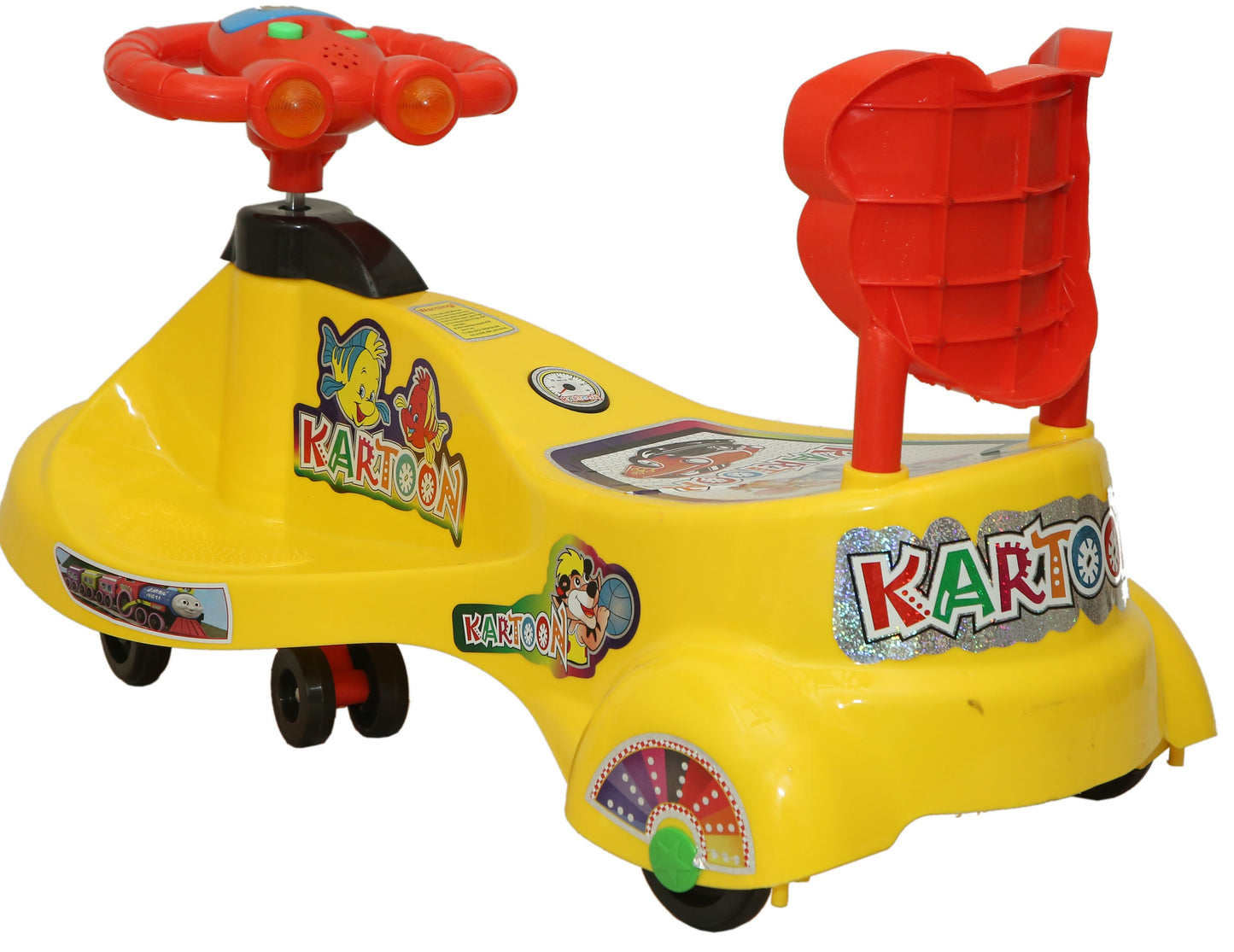 Goyal's Kartoon Face Musical Free Wheel Swing and Twist Magic Car With Back Support - Yellow